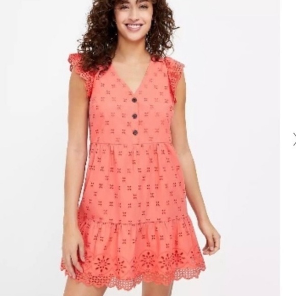 LOFT Dresses & Skirts - Loft coral eyelet ruffle sleeve button dress 8